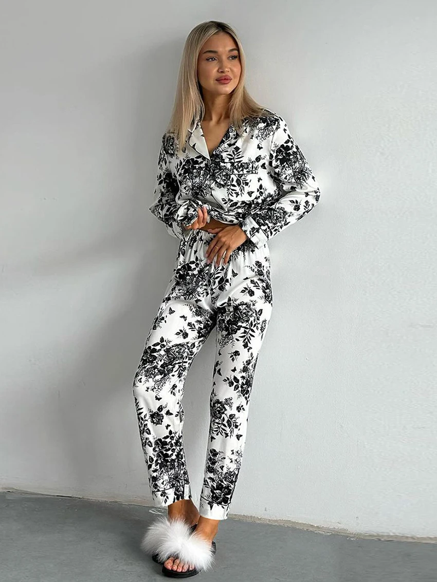 

Marthaqiqi Printing Ladies Nightgown 2 Piece Set Turn-Down Collar Pajama Long Sleeve Sleepwear Pants Fashion Female Pyjamas Suit