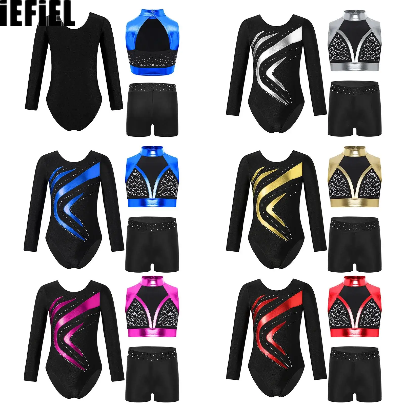 

Kids Girls Metallic Gymnastics Outfit Shiny Rhinestones Color Block Crop Top with Shorts And Long Sleeve Round Neckline Leotard