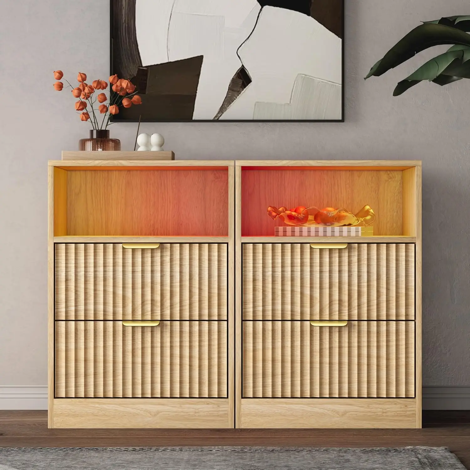 

Современные прикроватные тумбочки с LED-подсветкой, зарядной станцией, 2 ящиками и RGB-подсветкой, комплект из 2 штук в стиле фермерского дома