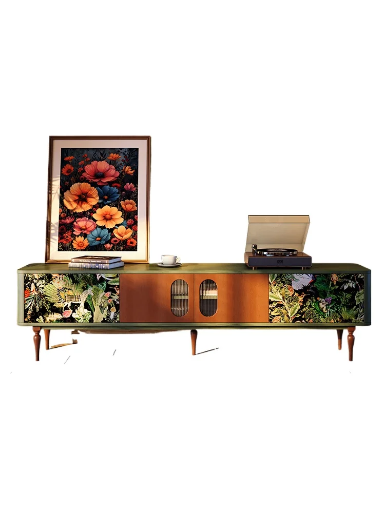 

TV cabinet Small apartment living room French retro style solid wood TV cabinet White wax wood medium ancient green floor