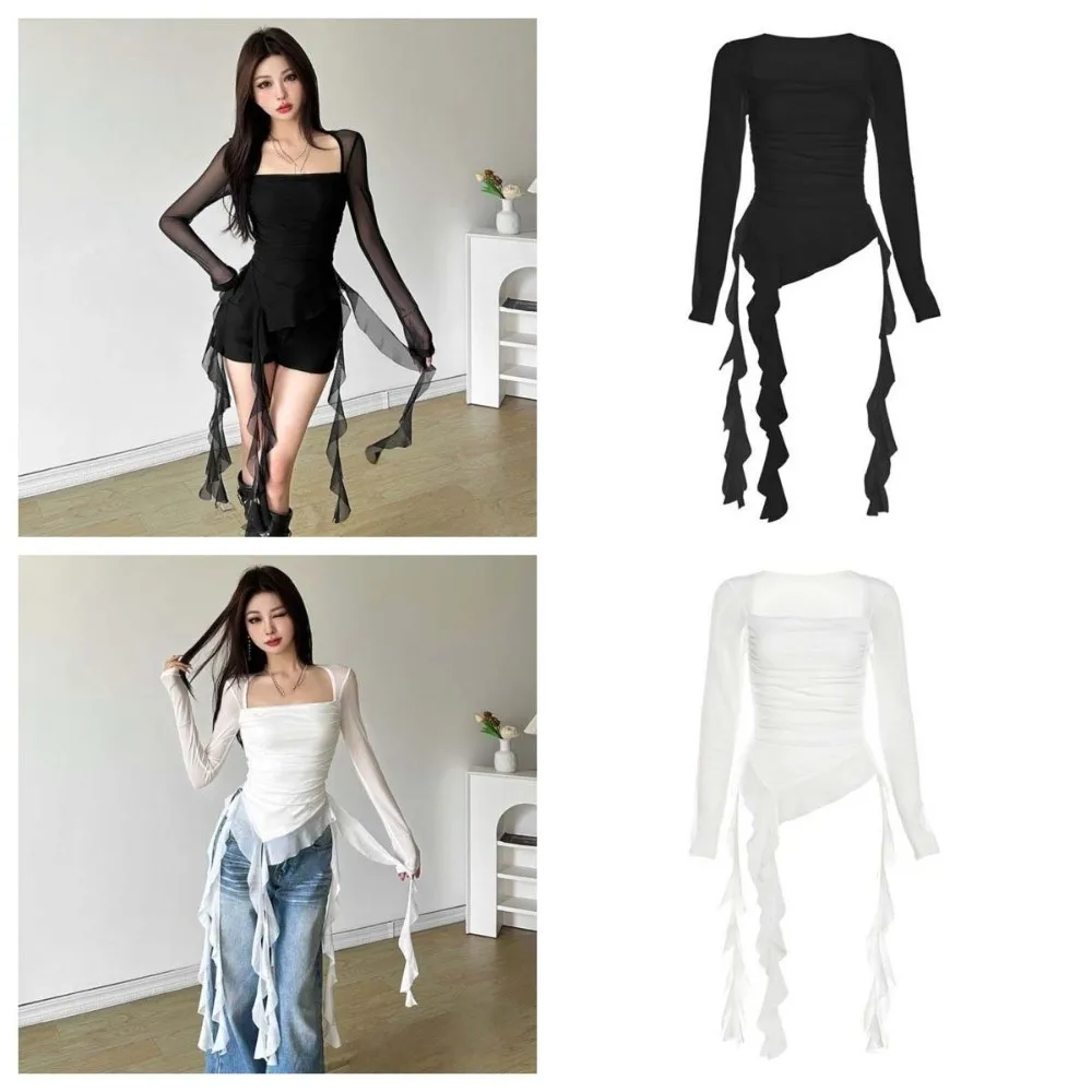 

Streetwear Jellyfish Mesh Belt T-Shirt Elf Long Sleeve Korean Y2K Ins Slim Fit Crop Tops Unusual Pleated Collar