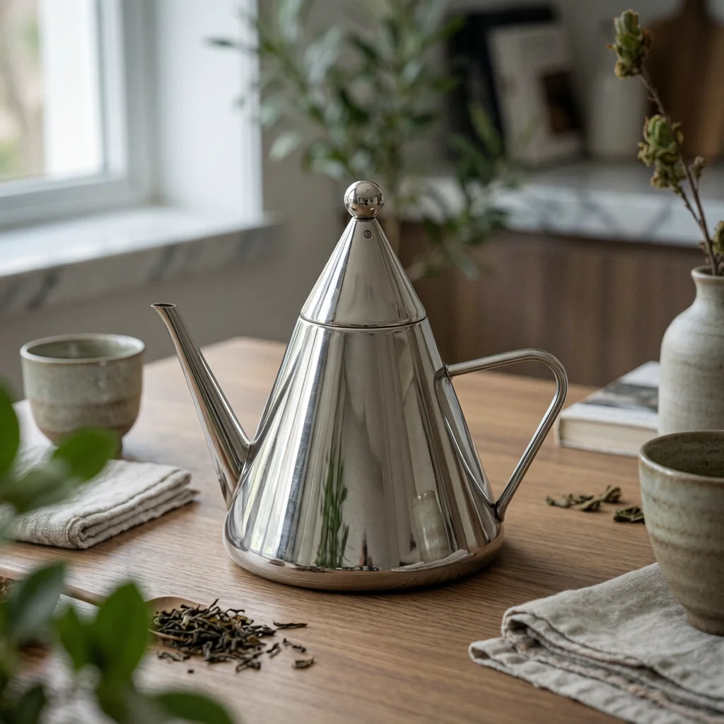 Sculptural Kettle with Ball Finial Reflective Polished Metal Decor Ornament for Contemporary Shelf and Tabletop