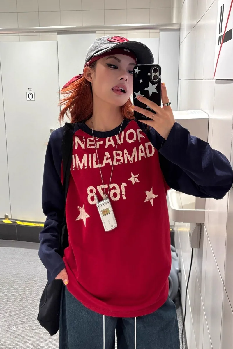 긴 소매 컬러 블록 레터 후디 여성 의류 그래픽 심플 우아 다용도 패셔너블 루즈하고 넉넉한 후디