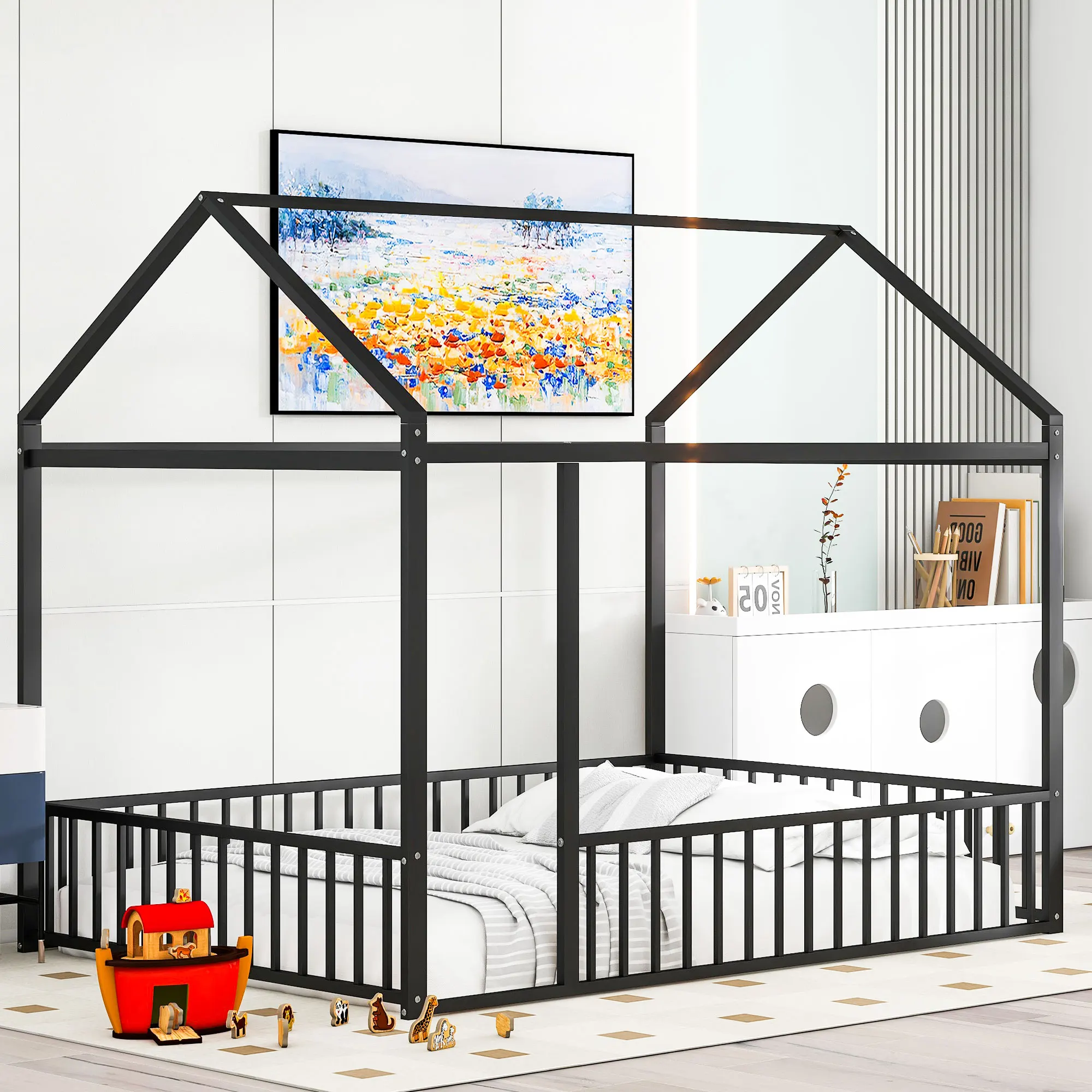 Full Size Metal House Bed Frame with Fence, for Kids, Teens, Girls, Boys, Black - Playful and Sturdy   77.50x55.50x66.90 in.