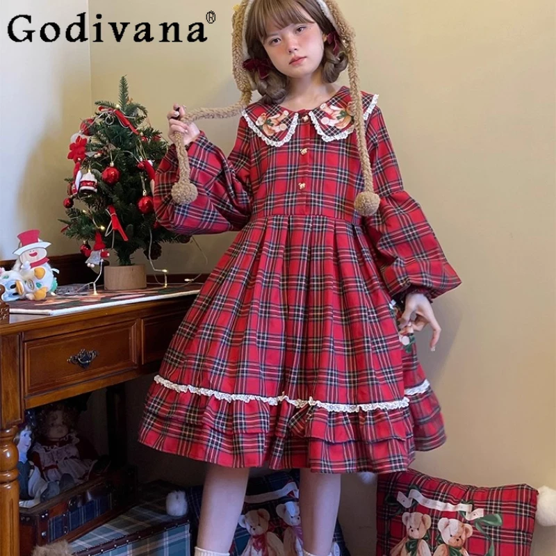 

Original Japanese Girls Sweet Lolita Red Plaid Dress Autumn New Loose Slim Bear Print Doll Collar Ruffle Long Dress for Women