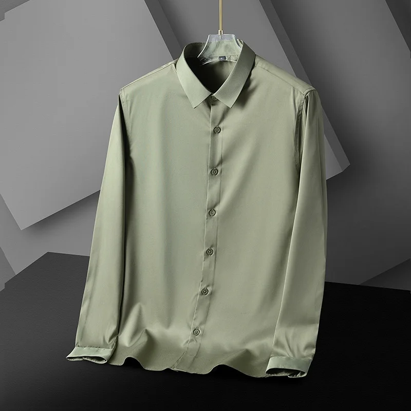 Camisa de manga comprida elástica masculina, Não engomar, Anti-rugas, Cor sólida, Lisa, Branco, Negócios, Casual, Trabalho, Social, Vestido, S-4XL