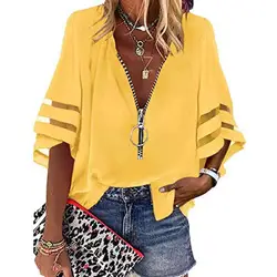 Women's Casual Loose V-neck Half-flat Sleeve Blouse 2025 Spring Summer Tops Streetwear Ladies Spliced ​​zipper Solid Shirts