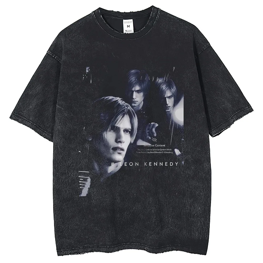 Plus-size Friend Game Leon s Kennedy Portrait Printed Short Sleeve Shirt 2024 Harajuku Summer Vintage Wash 250G Cotton woMen's