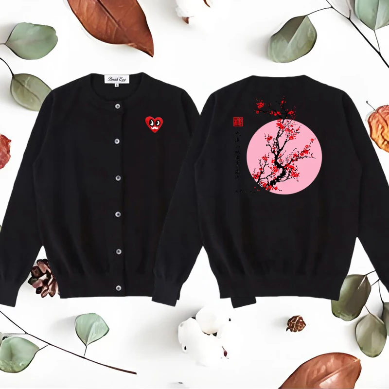 

Japanese Blossom Sakura Flowers Printing Women Cardigan Red Eyes Beard Heart Embroidery Cotton O-Neck Single Breasted Sweater