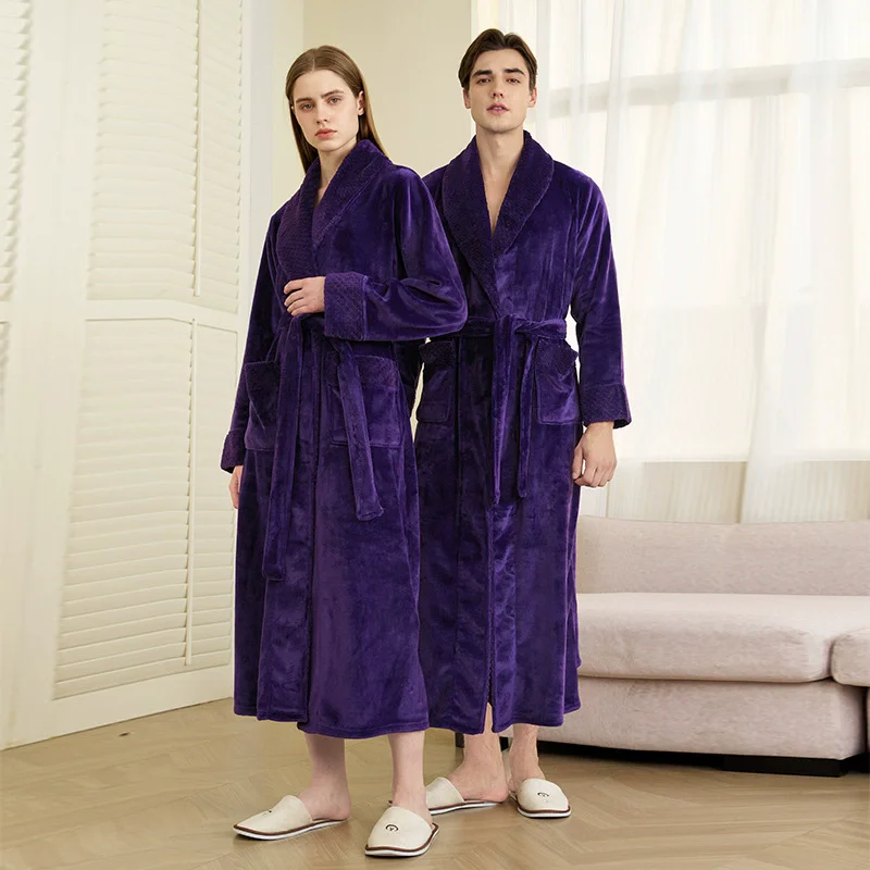 

Autumn Winter Couple Long Robe Home Clothing Thicken Coral Fleece Bathrobe Kimono Gown Sleepwear Warm Flannel Loungewear Pajama
