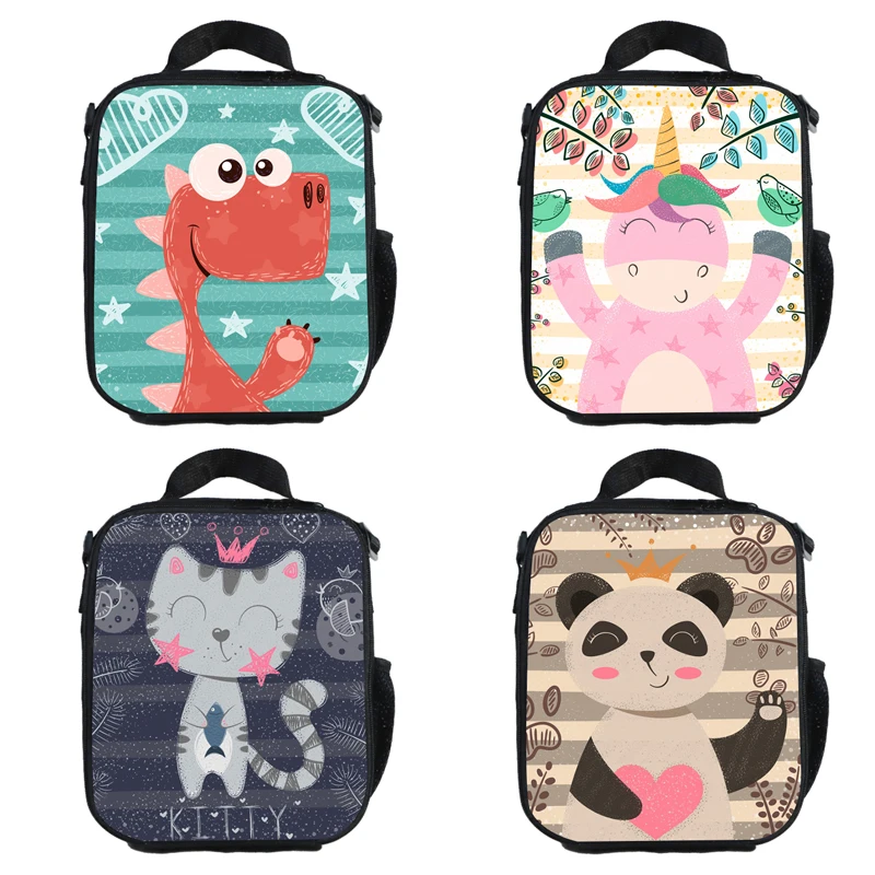 

Kawaii Cartoon Dino Panda Kitten Unicorn Print Lunch Bags Cute Crossbody Bags Kids Picnic Bag Boys Girls Insulated Lunch Box