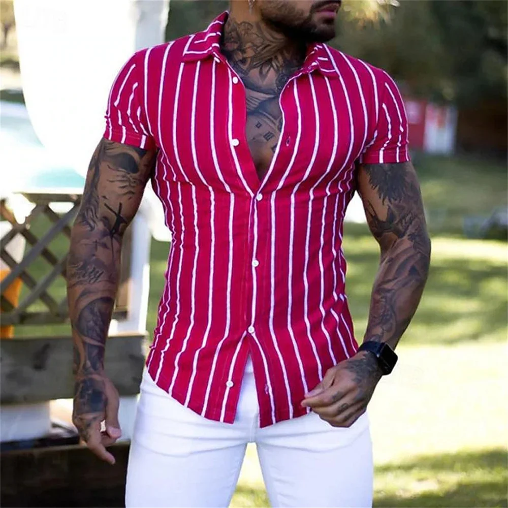 Hot selling men's summer striped printed lapel short shirt Hawaii vacation fashion men's street casual men's clothing