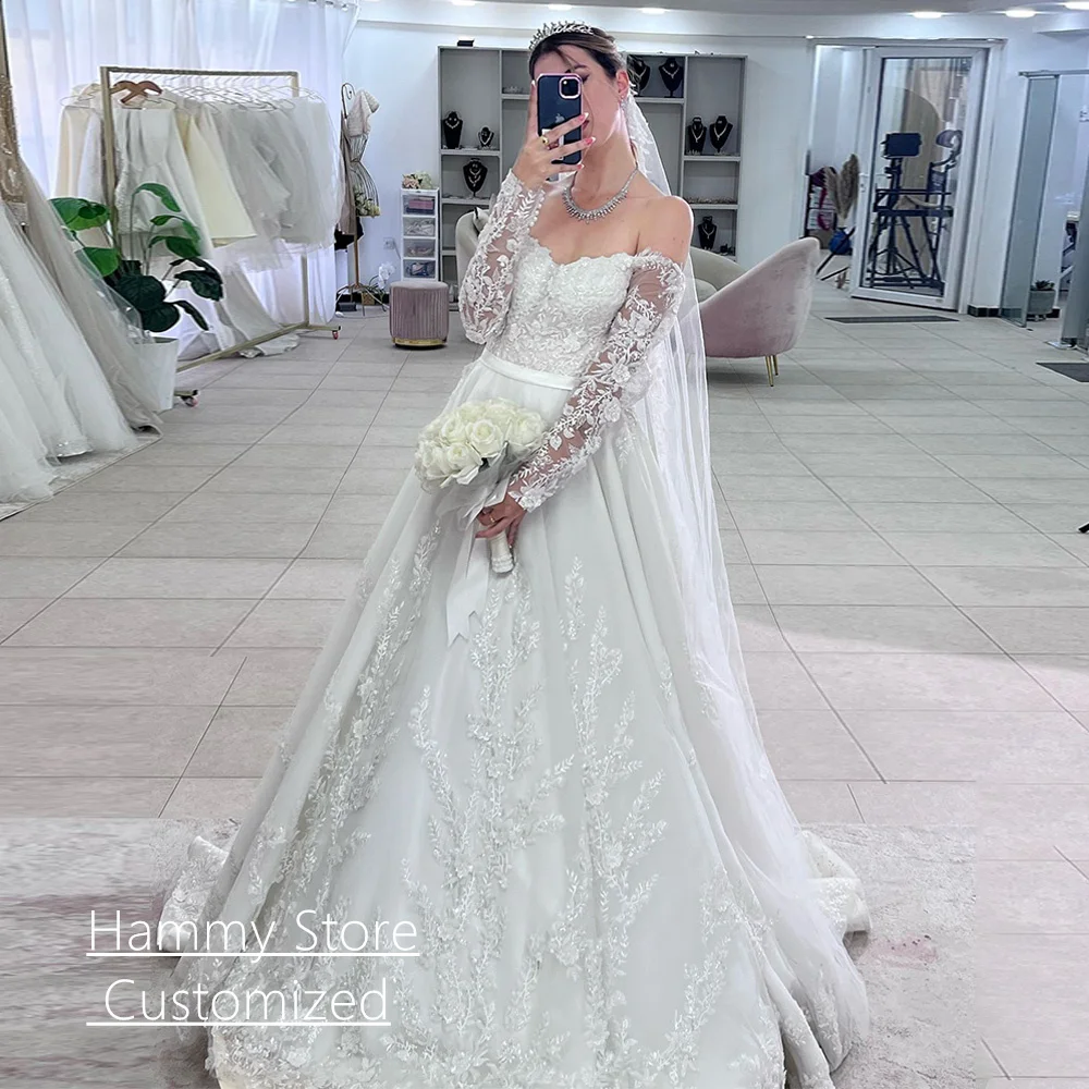 Exquisites Spitzenhochzeitskleid, maßgeschneidert, V-Ausschnitt, lange Ärmel, Paillettenapplikation, A-Linie, königliches Brautkleid, arabische Brautkleider