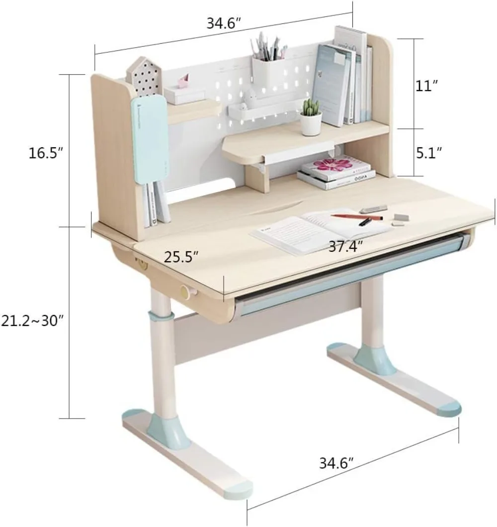 Study Desk and Chair for Kids, Wood Height Adjustable Ergonomic Children Desk with Pull Out Drawers, Tablet Holder