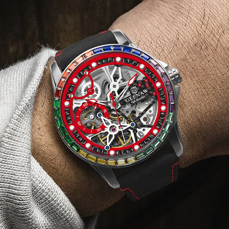 GLENAW Men Mechanical Watches Casual Outdoor Wristwatch Men Top Luxury Automatic Hollowed Watch Male Stainless Steel Waterproof