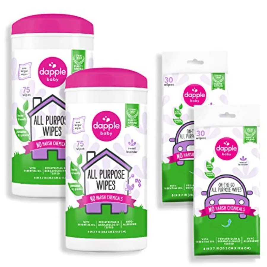

All Purpose Cleaning Wipes - 2 Pack 75 Count Canisters + (2 Pack) 30 Count Pouches - Plant-Powered and Hypoallergenic - Lavende