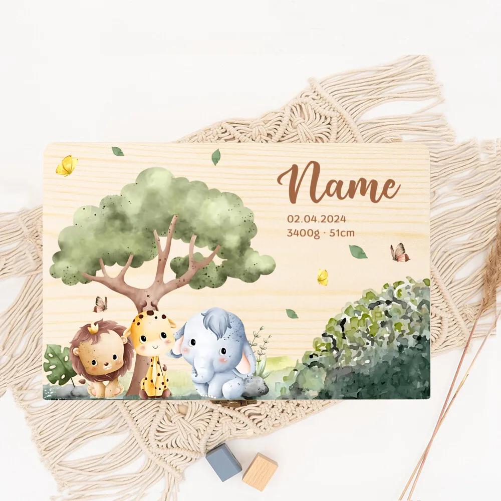 Boîte de mémoire en bois personnalisée pour nouveau-né, boîtes de données de naissance, Keepplex, animaux de la jungle, bébés, cadeau