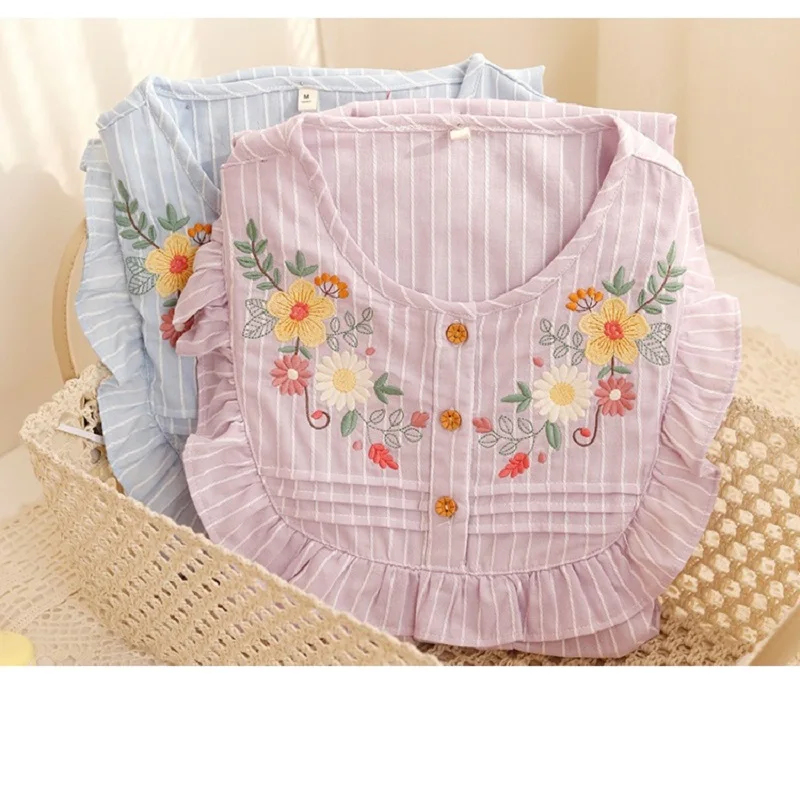 Fashion Stripe Printed Embroidery Cotton Short Sleeve Pajama Sets For Women Summer Comfortable Knee Length Pyjamas Home Clothes