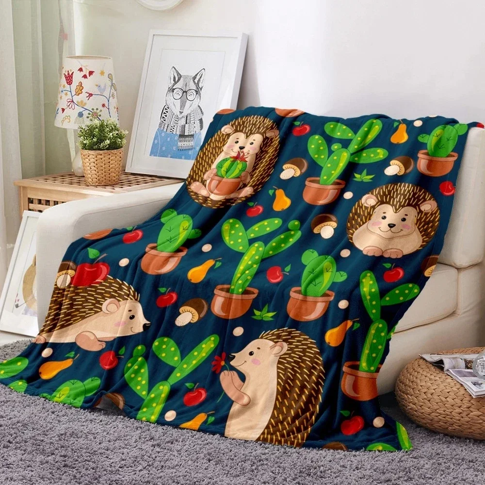 Cartoon Hedgehog Flannel Blanket Soft Warm Lightweight Blanket Cute Animal Print Blanket for Bed Sofa Couch King Queen Size