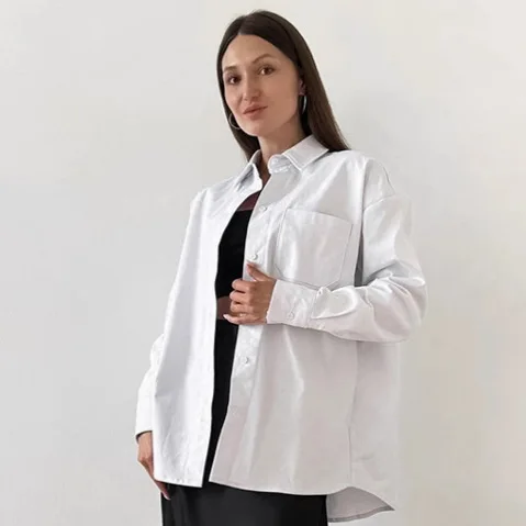 

Ele Simple Color Loose Women's irt Commute Sle Long Sve Flip Collar PU Material Autumn Winter New Arrival