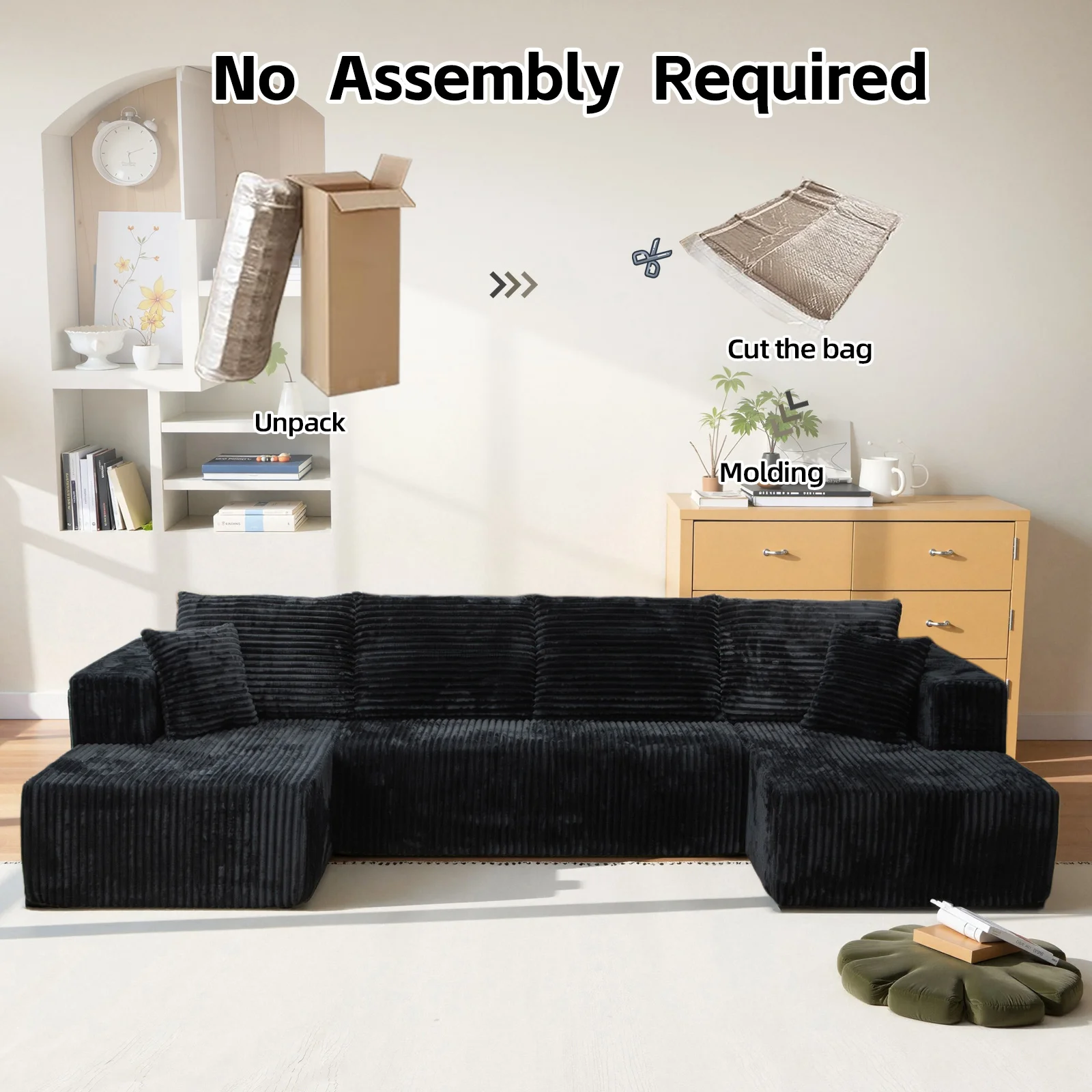 Compression sofa, modern living room L-shaped fabric combination sofa bed, sponge furniture set, suitable for apartment hotels