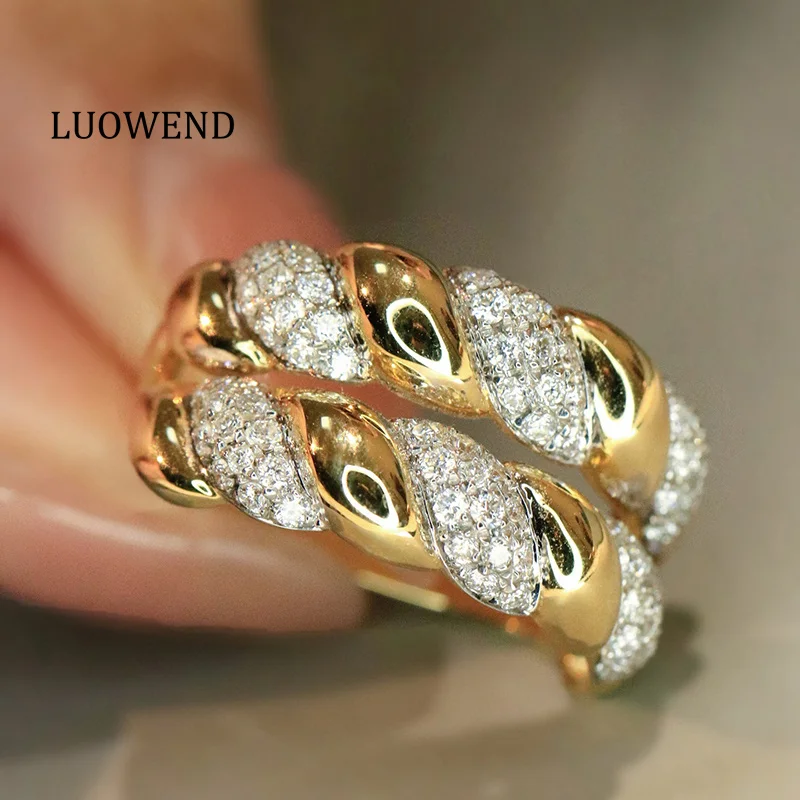 LUOWEND 100% 18K Yellow Gold Rings Fashion Double Layer Design 0.75carat Real Natural Diamond Ring for Women High Party Jewelry