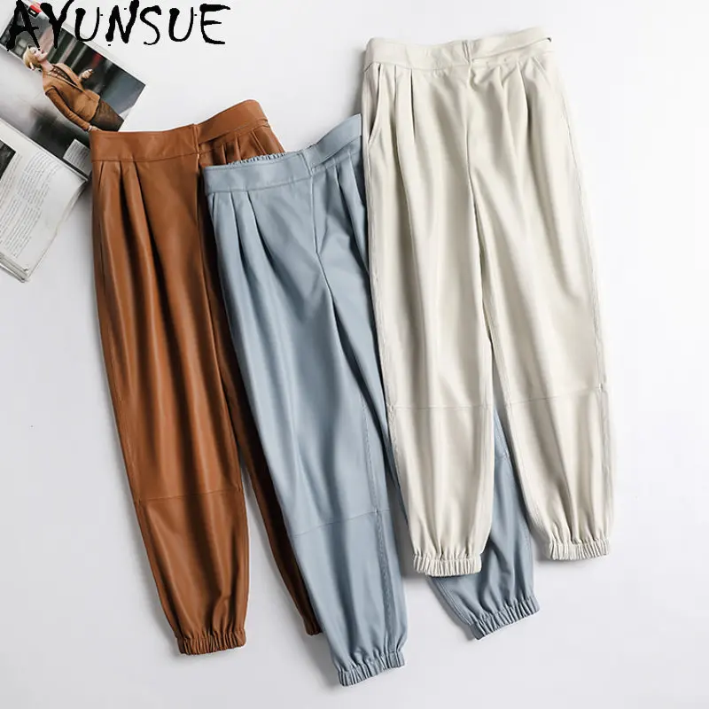 

AYUNSUE 2023 Genuine Sheepskin Leather Pants Women High Waist Harem Pants Women Korean Fashion Black Pants Trousers Ankle-length