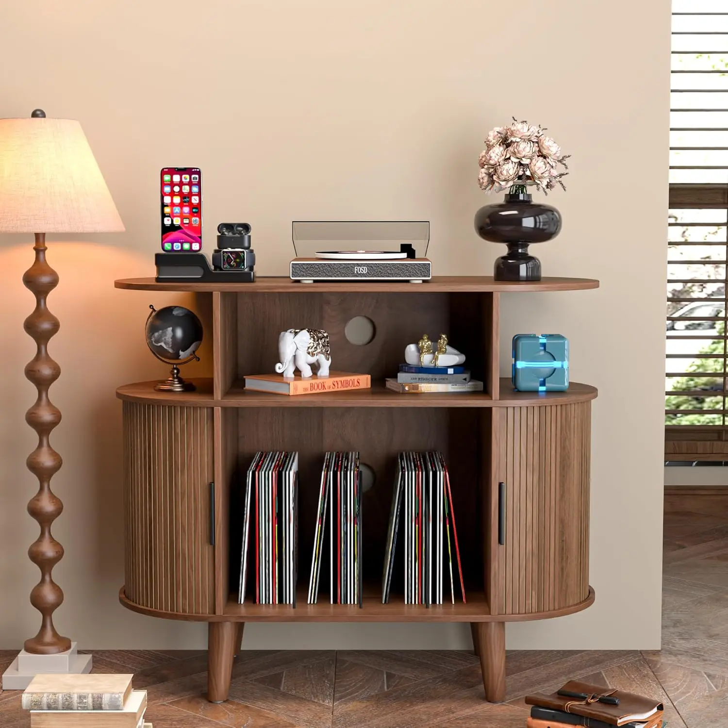 Large Round Record Player Stand with Charging Station & USB PortsRecord Storage Cabinet, Mid Century Modern Turntable, Customi