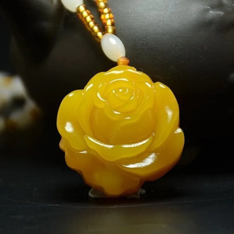

Natural Yellow Dragon Jade Hand Carved Rose Pendant Fashion Boutique Jewelry Men's and Women's Peony Flower Necklace