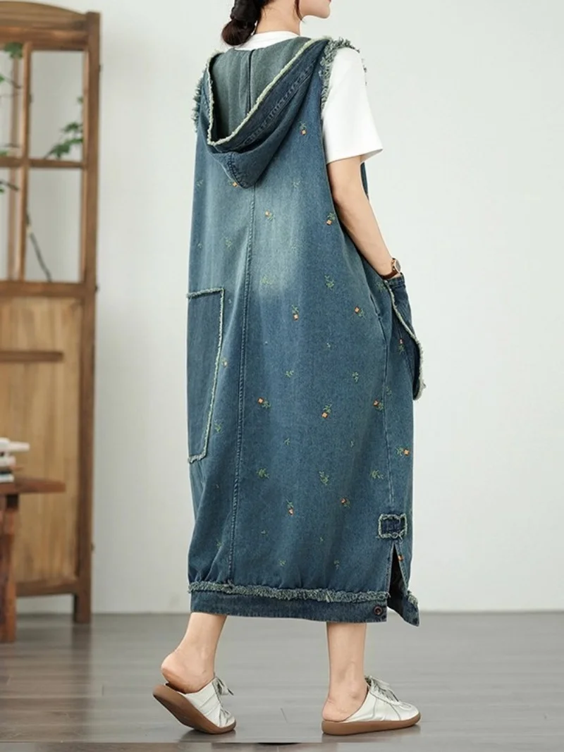 여성용 자수 데님 후드 베스트 드레스 2025 여름 빈티지 루즈핏 큰 포켓 스타일리쉬 오버사이즈 V넥 청 드레스 w269