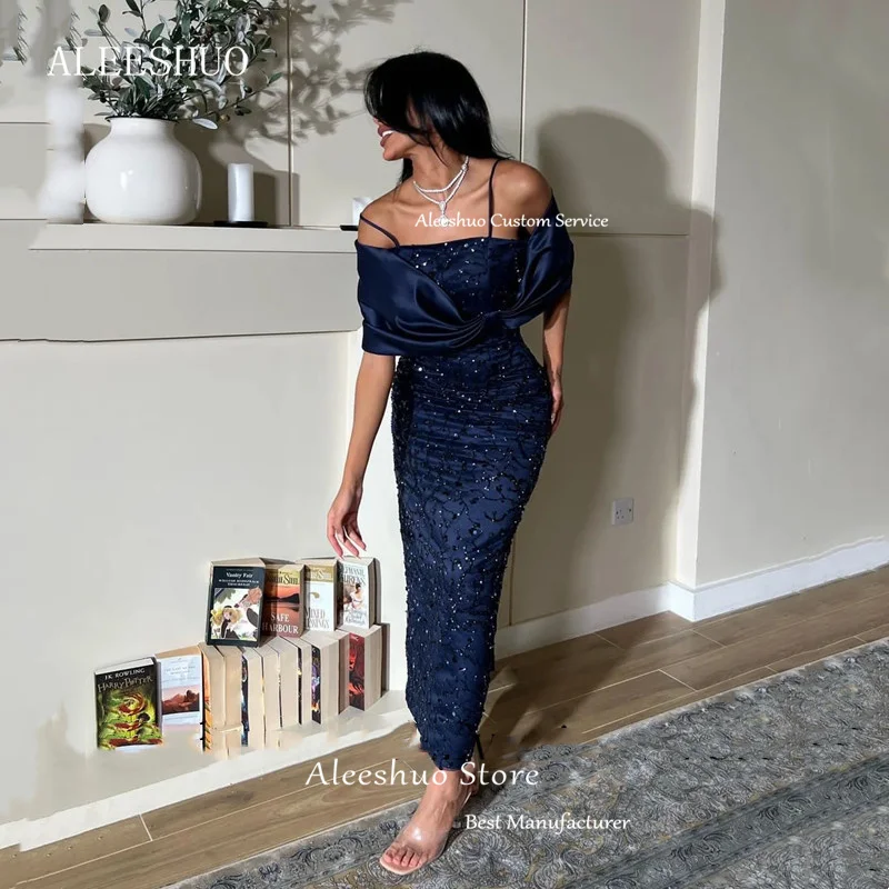 Customized Elegant Navy Blue Mermaid Prom Dressess Simple Off Shoulder Evening Dress Pleat Shiny Beaded Sequined Opne Back 2025