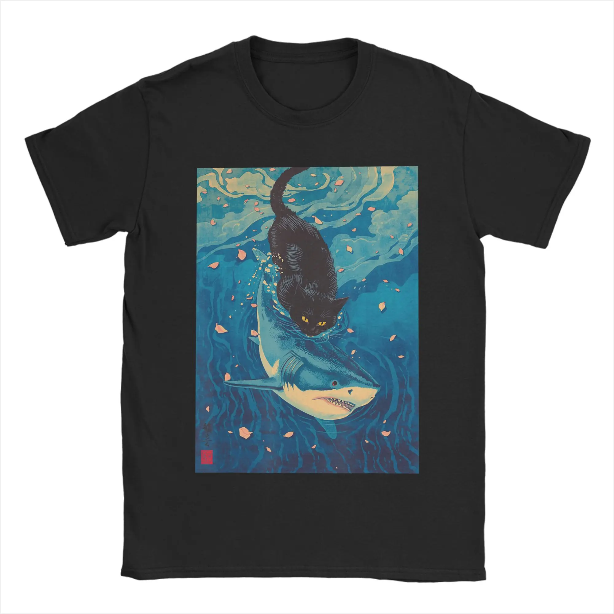 Men Cat Hunting Shark T Shirts  100% Cotton Clothes Cool Short Sleeve Crew Neck Tees Gift Idea T-Shirt