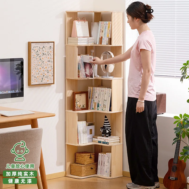 Solid wood corner bookshelf floor-to-ceiling multi-layer shelf small apartment storage lattice cabinet household living room