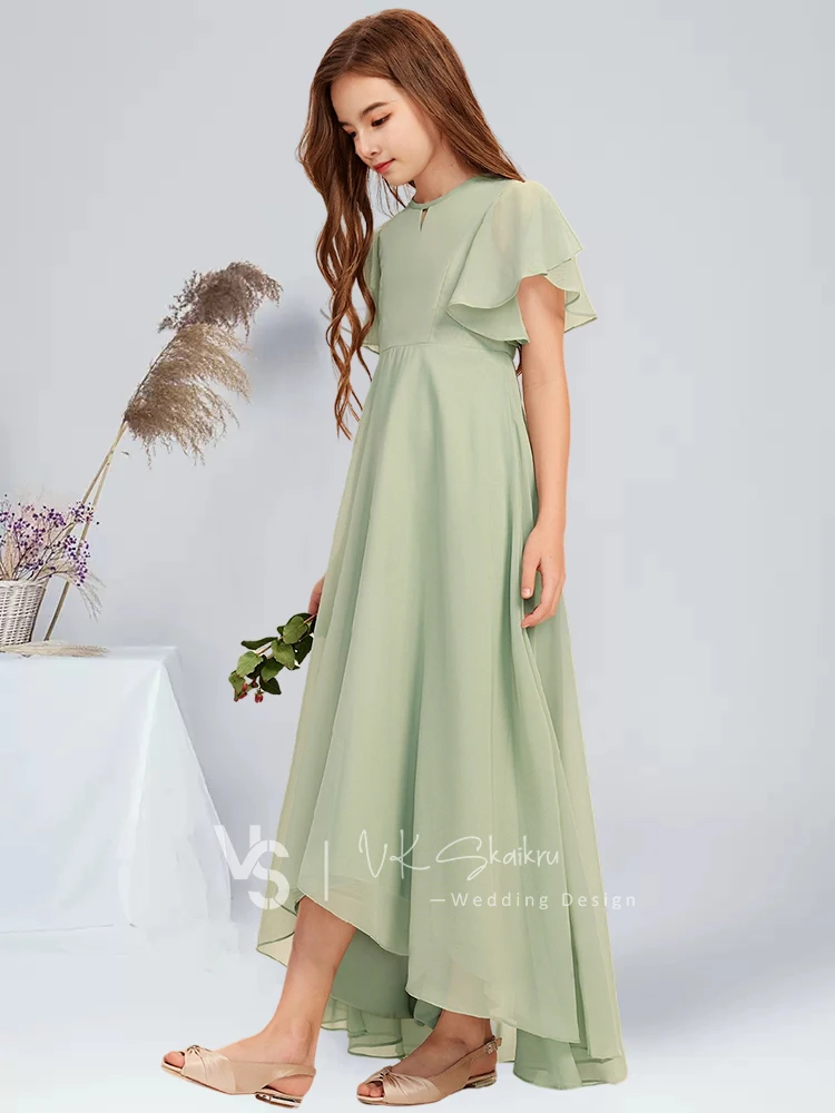 A-line Scoop Asymmetrical Chiffon Junior Bridesmaid Dress Celadon Summer Graduation Party Dress for Guest Flower Girl Dress Kids