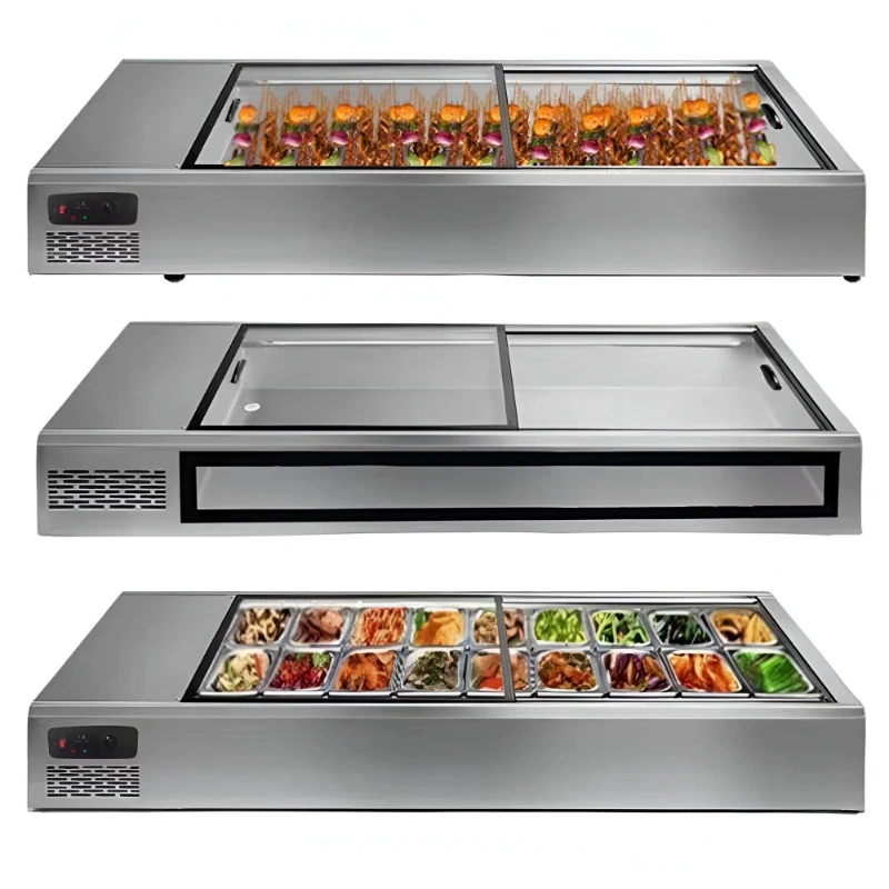Stainless steel freezer, commercial horizontal barbecue, fried skewers, refrigerated and fresh-keeping countertop, small stall