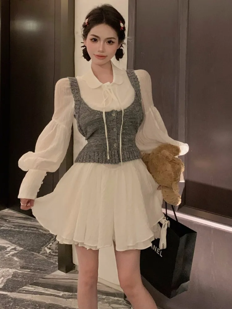 

Retro Court Style Set Women Sweet Anti-Aging Doll Collar White Dress High-End Knitted Tube Top Korean Style Long Sleeve Short...