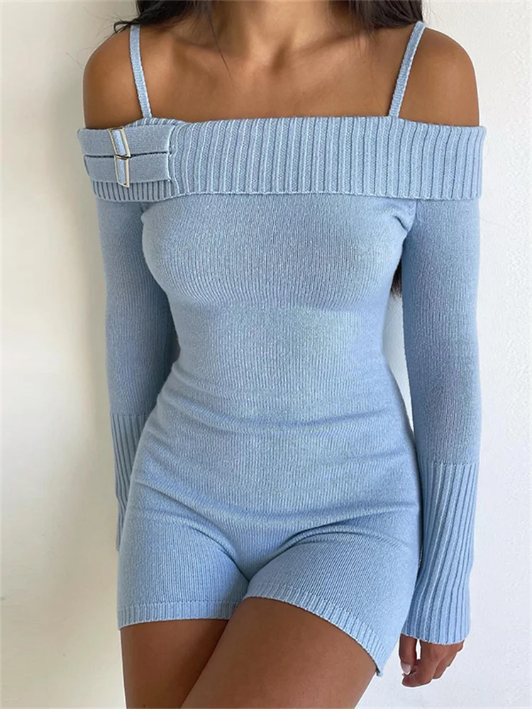 CHRONSTYLE Solid Long Sleeve Off Shoulder Slim Fit Jumpsuits Women Spring Fall Knitted Playsuits Rompers Casual Fashion Overalls