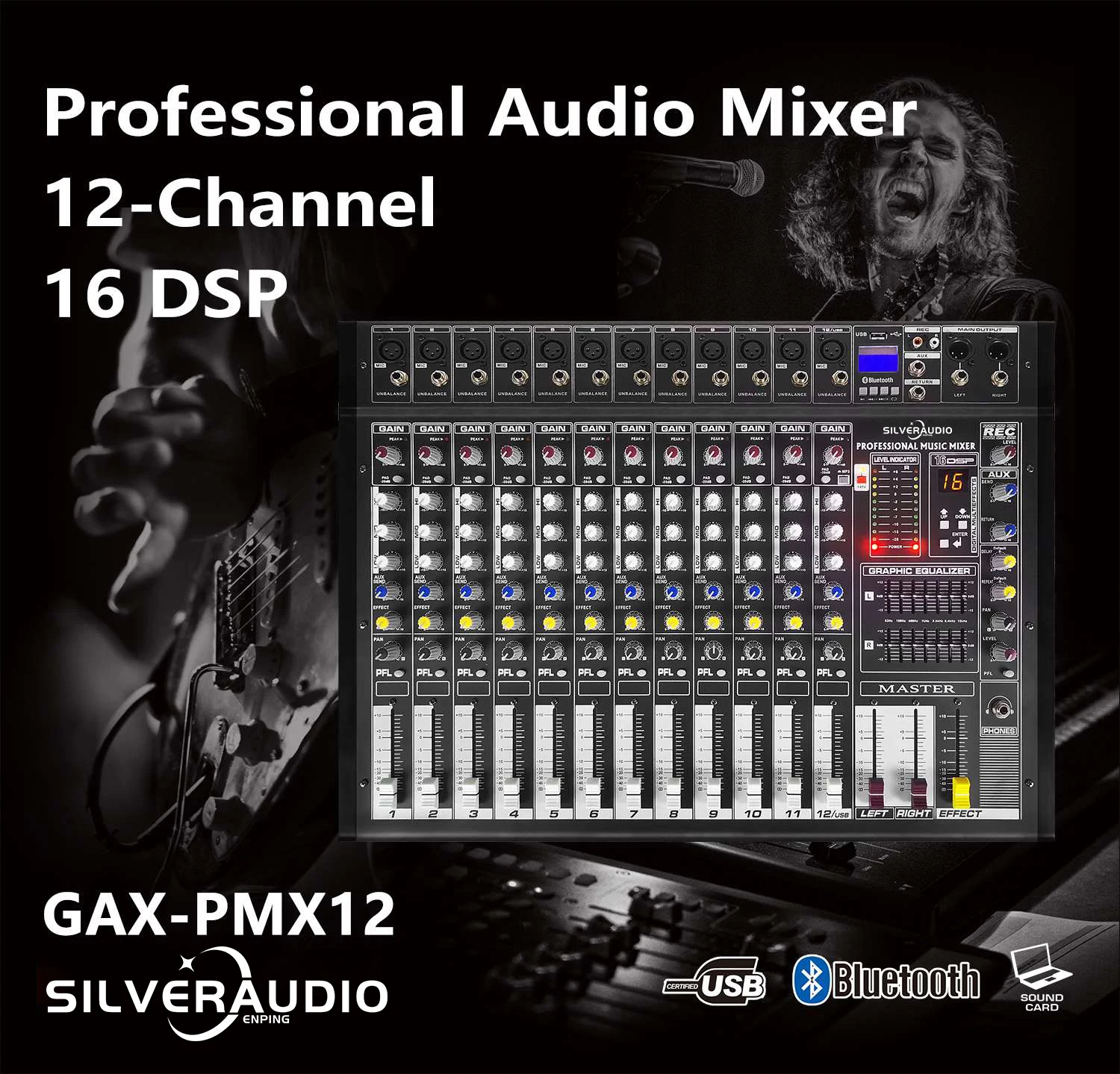 GAX-PMX12 Mixer professionale a 12 canali 500 W + 48 V Alimentazione Phantom Effetti 16DSP Riproduzione computer USB Registrazione Console di missaggio