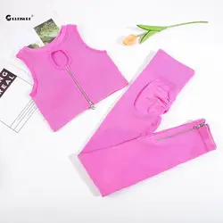 CHRLEISURE 2PCS Wash Ribbed Sports Set Zipper Running Bra with Butt Lift Scrunch Fitness Leggings Slim  Seamless Yoga Suit