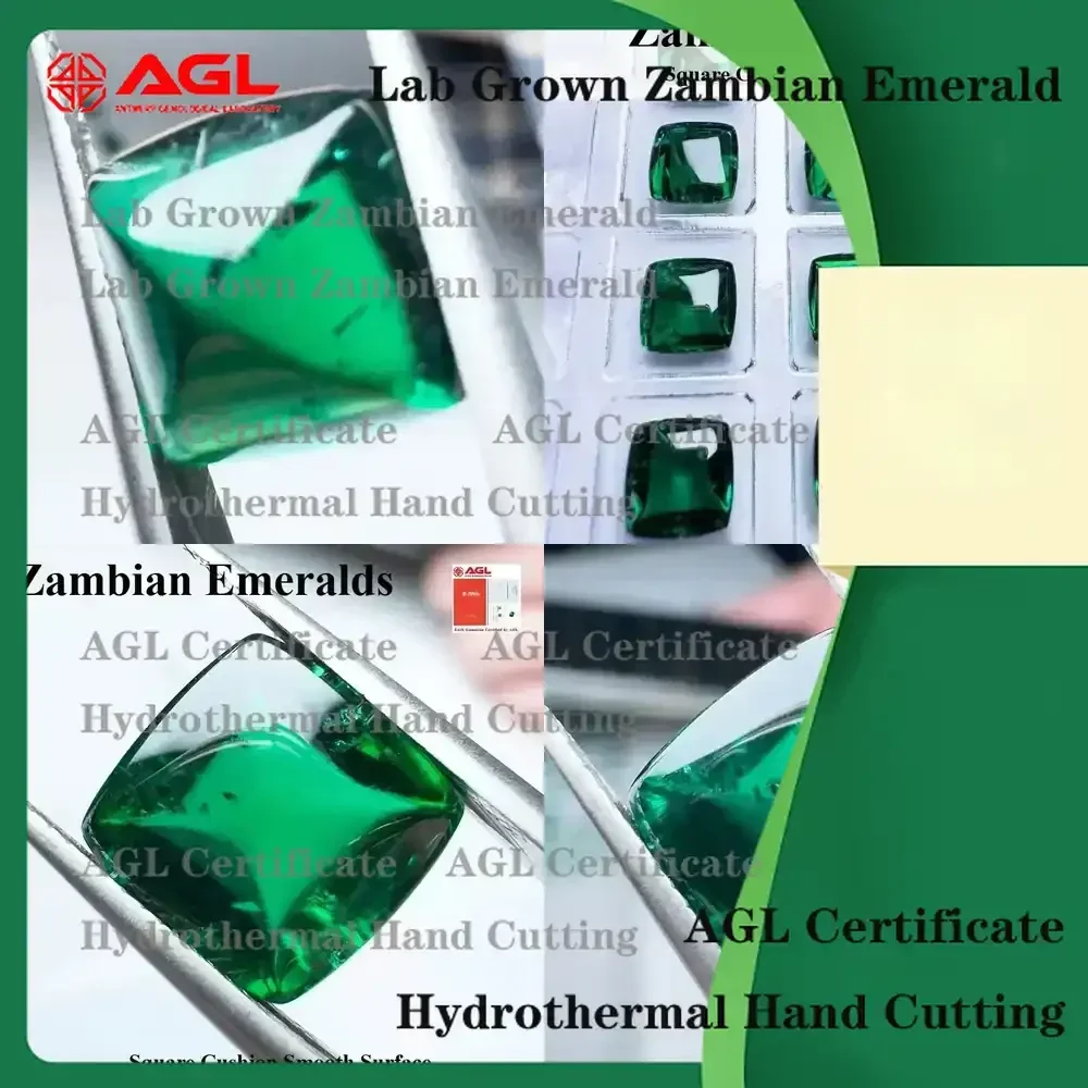 Lab Grown Zambian Emeralds for Jewelry Making Square Cushion Cut Smooth Surface with Natural Inclusions Cracks AGL Certified