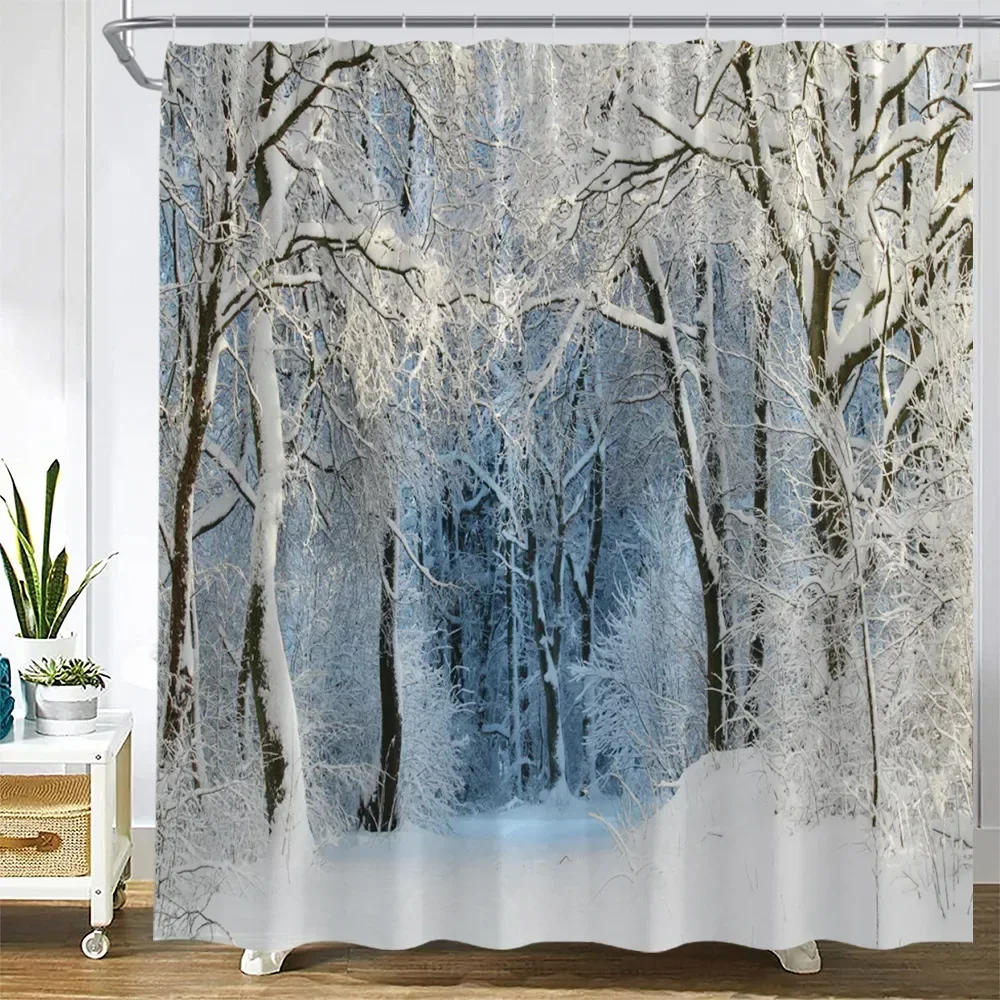 Winter Landscape Shower Curtains Snow Forest Trees Branch Nature Scenery Christmas Home Bathroom Decor Fabric Bath Curtain Sets