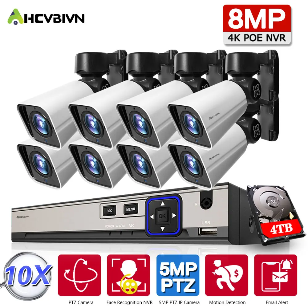 

4K 8CH POE NVR System Kit IP 5MP Bullet PTZ Camera Pan Tilt 10X Zoom Humanoid Detection P2P MINI Surveillance Video Camera Set