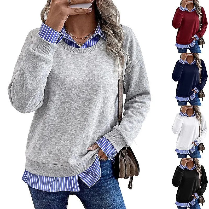 Fall Tops Long Sleeve Blouse Fashion Casual Lapel Faux Two-Piece Hoodie Sweatshirt Women Tee