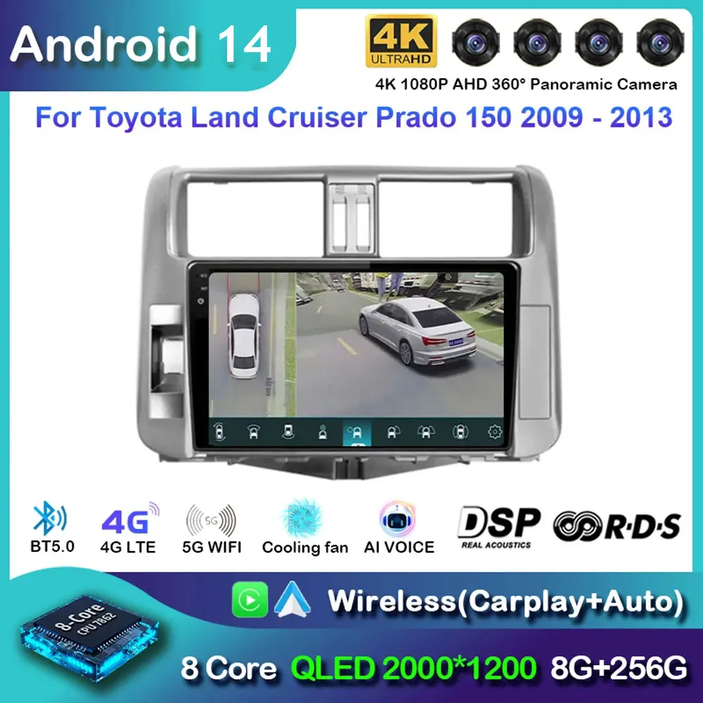 

Автомобильное радио Android 14 Carplay для Toyota Land Cruiser Prado 150 2009-2013, навигация, GPS, мультимедийный плеер, видеостерео BT