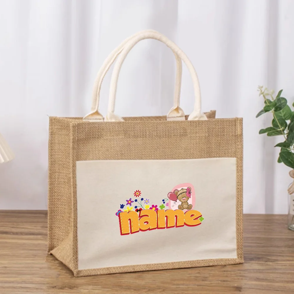 Customized Name Cotton and Hemp Shopping Bag Fashion Handbag Portable Outdoor Storage Bag Customized Product Cartoon Series