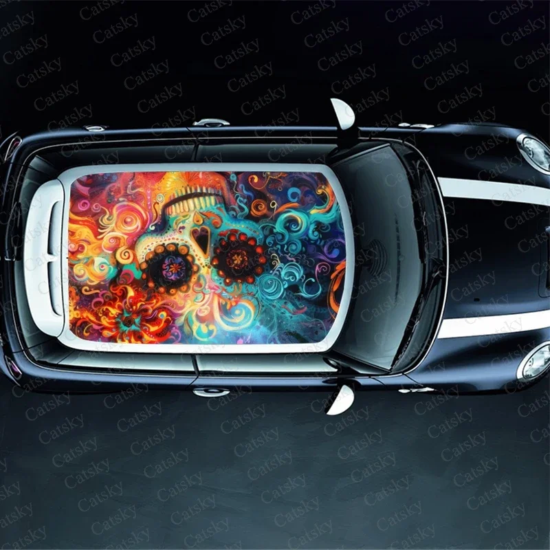 Skulls and Floral Car Roof Sticker Wrap Racing SUV Accessories Packaging Painted PVC Custom Car Graphic Decal