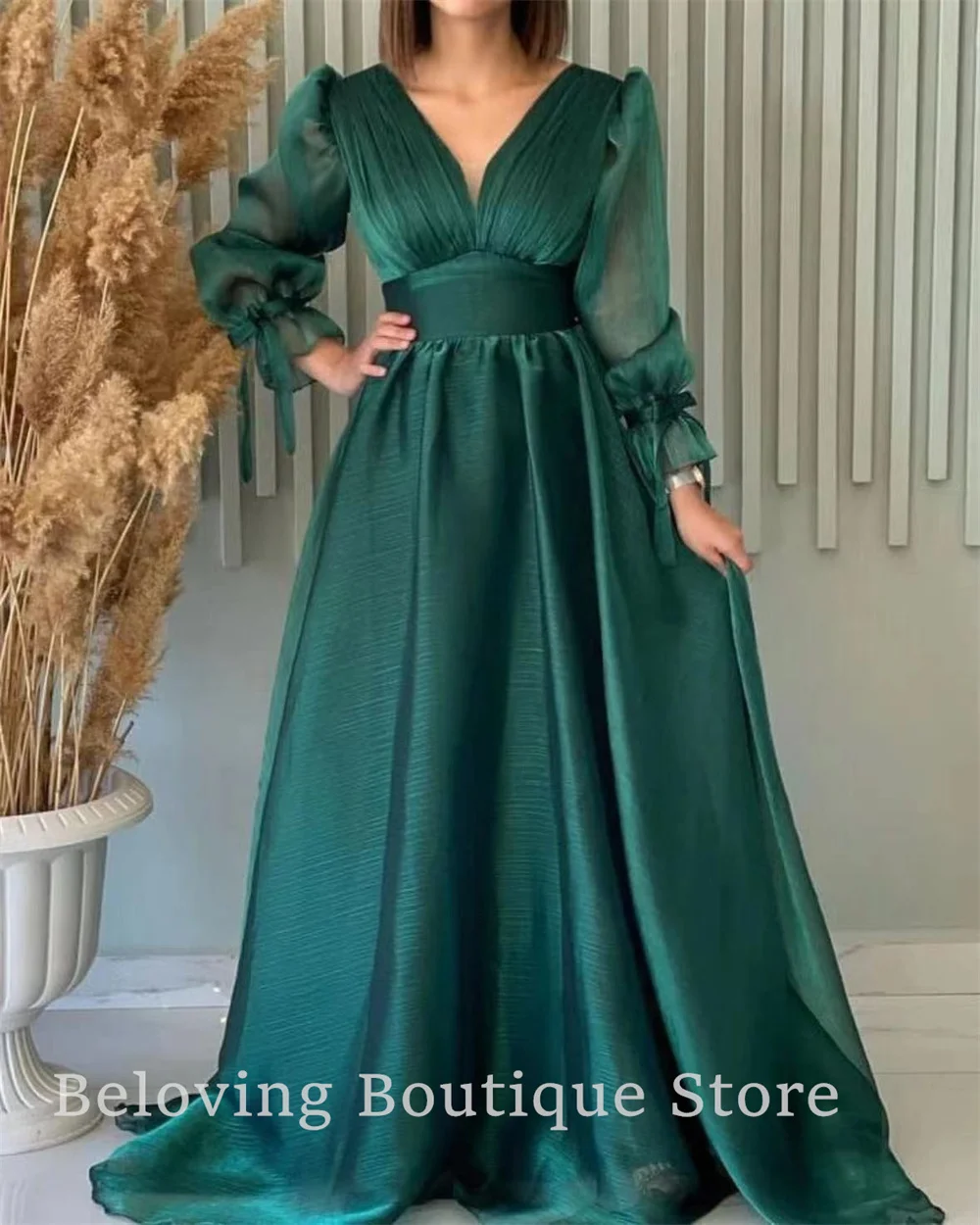 

Arabic Dubai Long Sleeves Evening Dresses Elegant Puffy Wedding Party Gowns Plus Size V Organza A Line Engagement Prom Dress