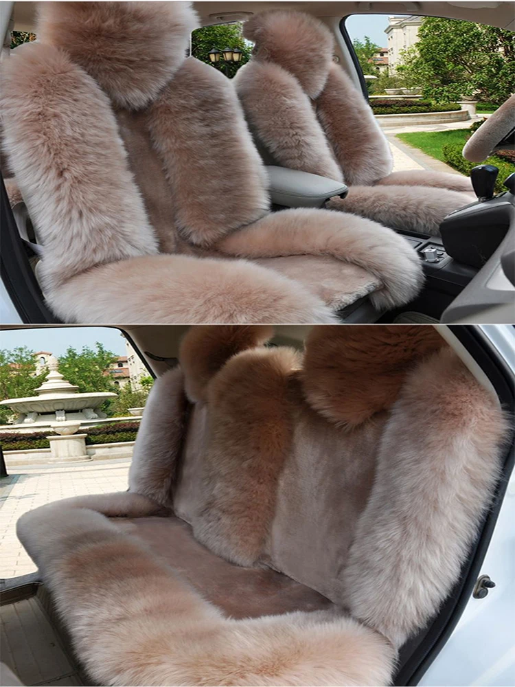 3pcs 100% Fur Seat Covers For Cars Full Sets Women Unviersal Sheepskin Seat Cover Long Wool Auto Cushion Christmas