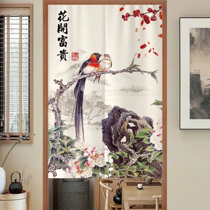 New Chinese Style Flower And Bird Fabric Half Curtain Partition No Punching for Home Decor Door Curtain Japanese Noren Style