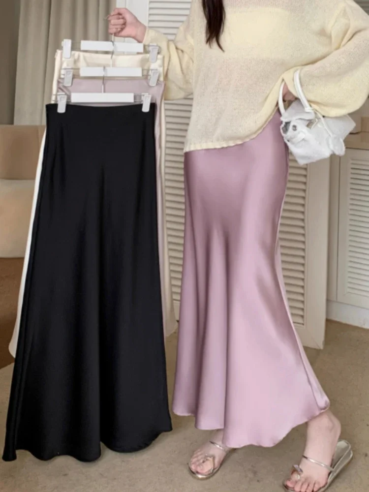 Women's Long Skirt Spring Summer Satin Silk A-line Skirt High Waist Ladies Korean Fashion Solid Pink Fishtail Skirts for Women